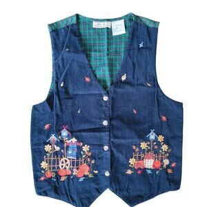 Oak Hill Womens M Plaid/Navy Vintage Fall Vest 90s Country Cottage Garden Leaves